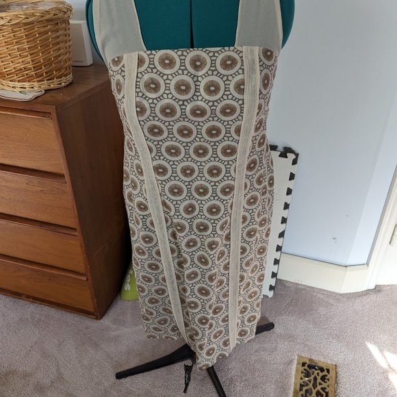 Isabel Toledo Cocktail Dress Cocktail Sheath Dress Sz 16 Linen blend Tan Circles - Picture 3 of 6